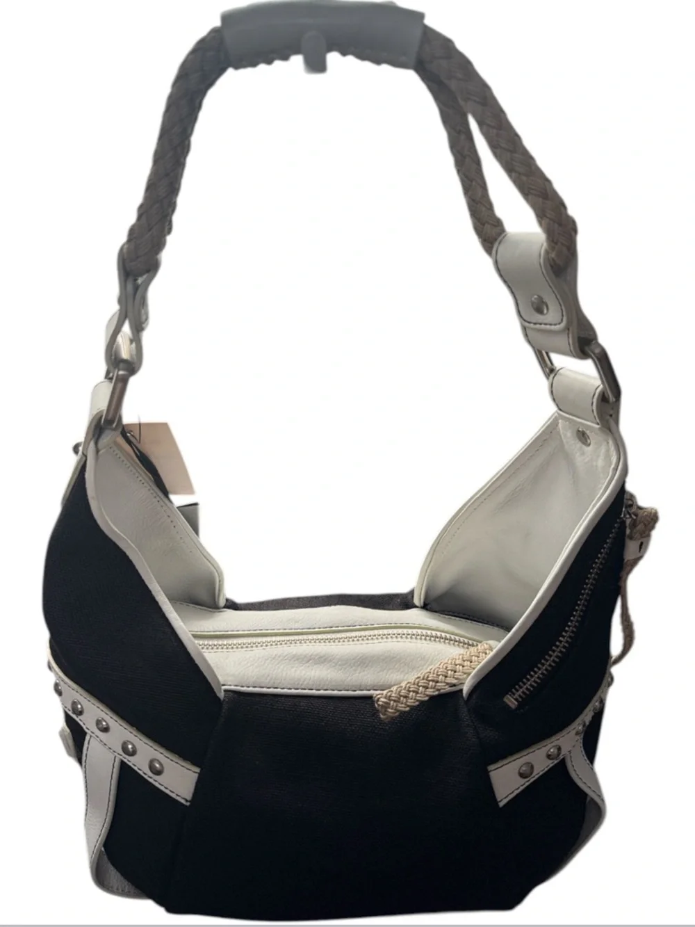 Kenneth Cole Rare Vintage Y2K Linen & Leather Jump Rope Studded Hobo Bag NWT NOS